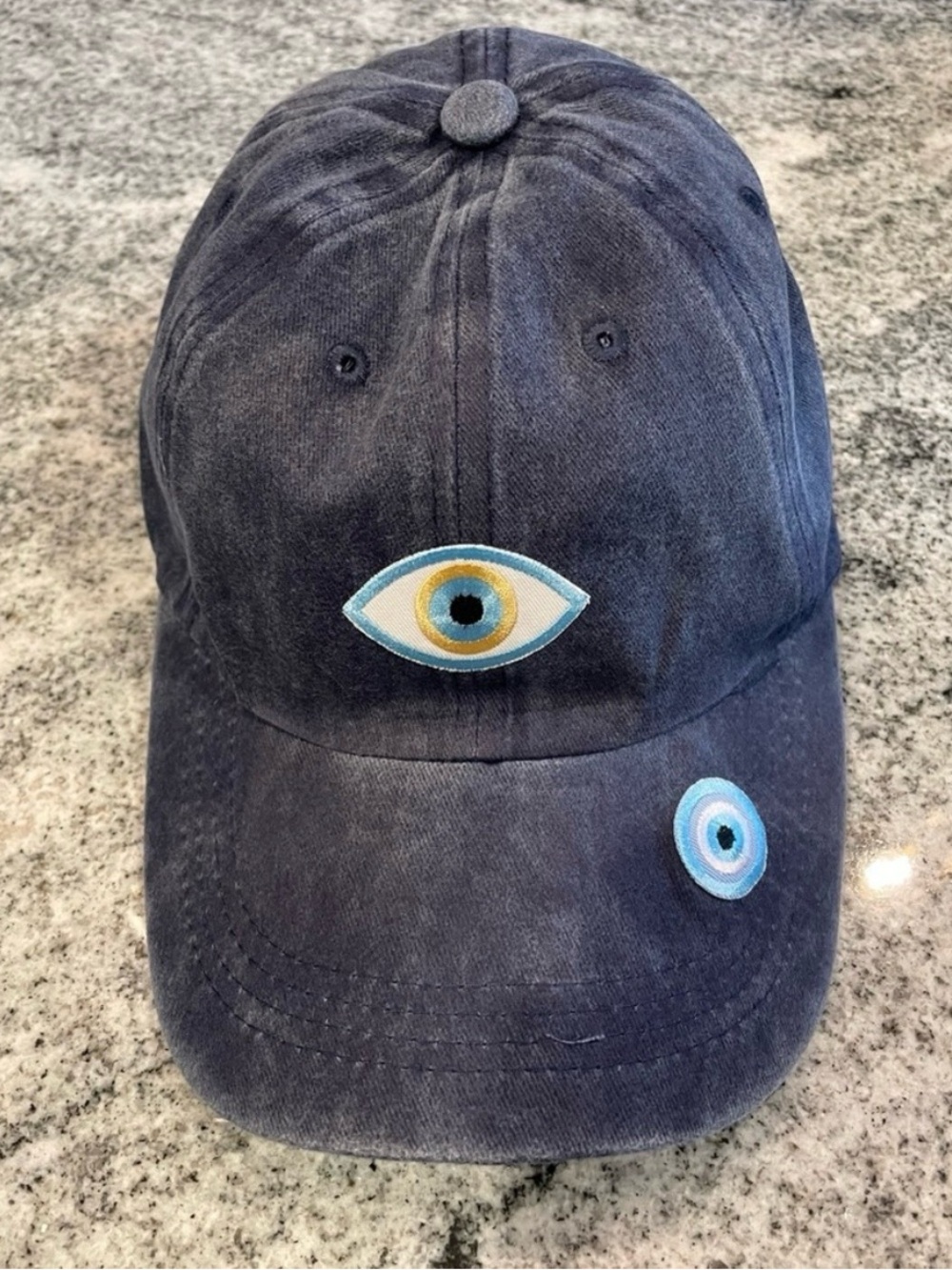 New Custom Designed Washed Blue Baseball Cap with 2 (!) Evil Eye Patches